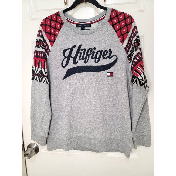 Tommy Hilfiger Women Aztec Patterned Crewneck Embroidery Sweatshirt Grey & Red S - Picture 1 of 11